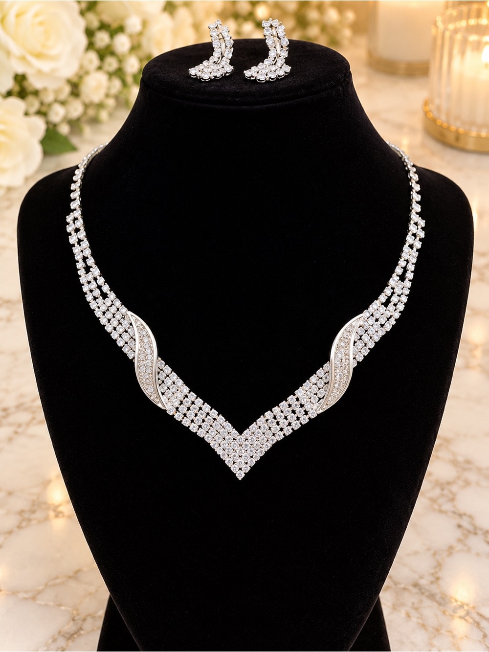 Cubic Zirconia Silver Necklace Earrings Set For Special Occasions